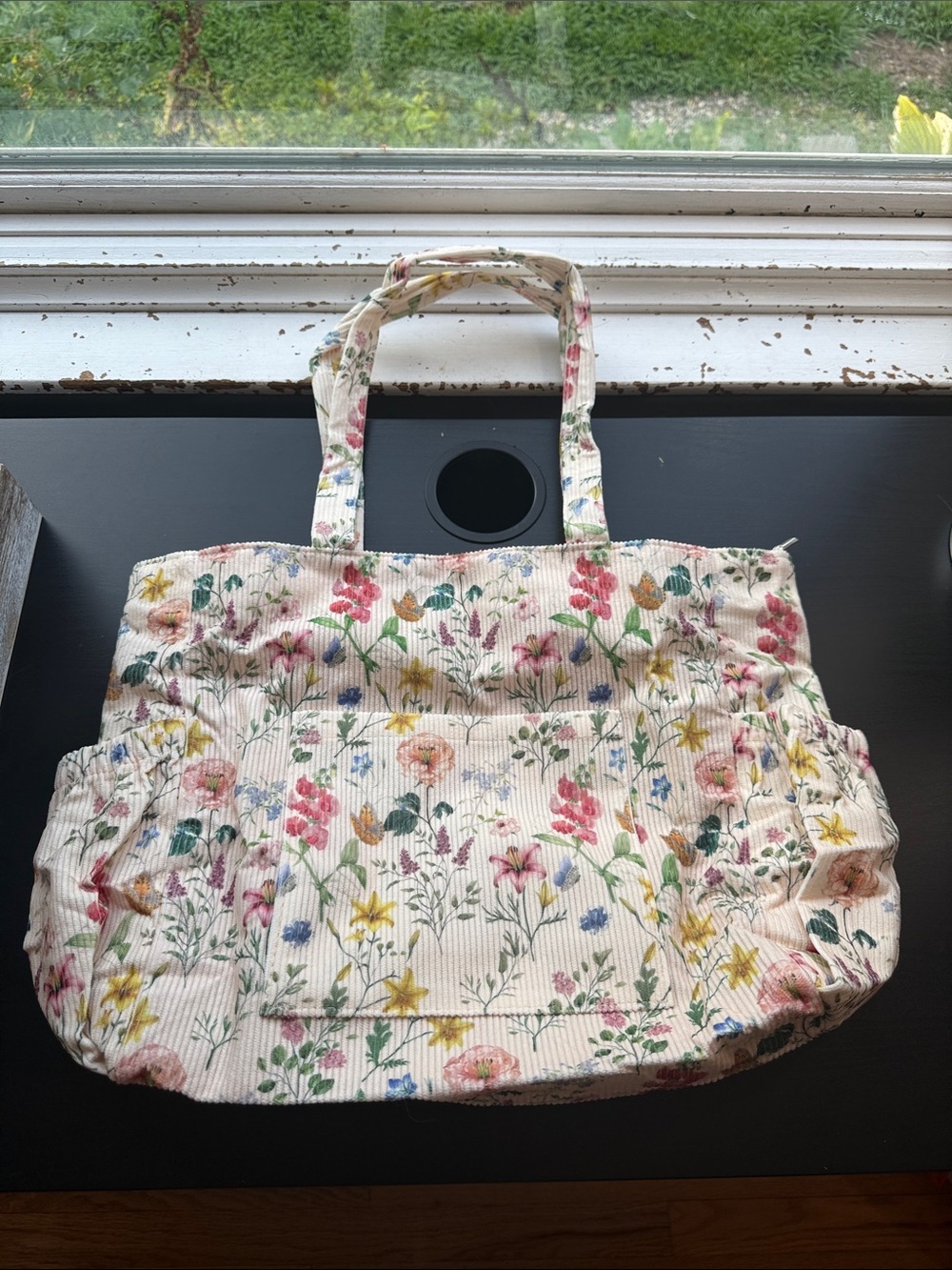 Floral Cream Corduroy Tote Bag with Pink & Yellow Blooms